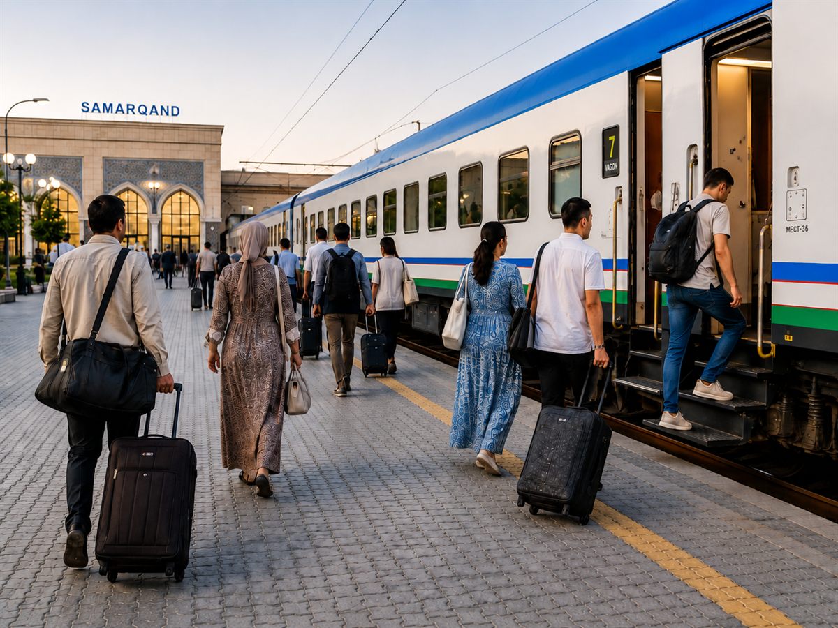 Samarqand vokzalida poyezdga chiqayotgan yo'lovchilar