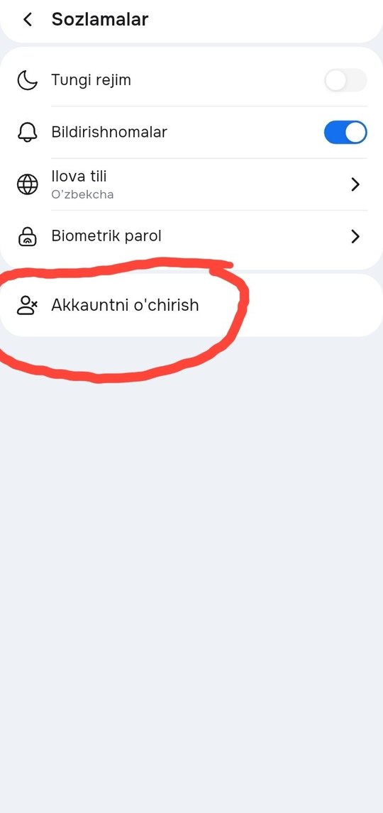 Sozlamalar ro'yxati, «Akkauntni o'chirish» bandi belgilangan