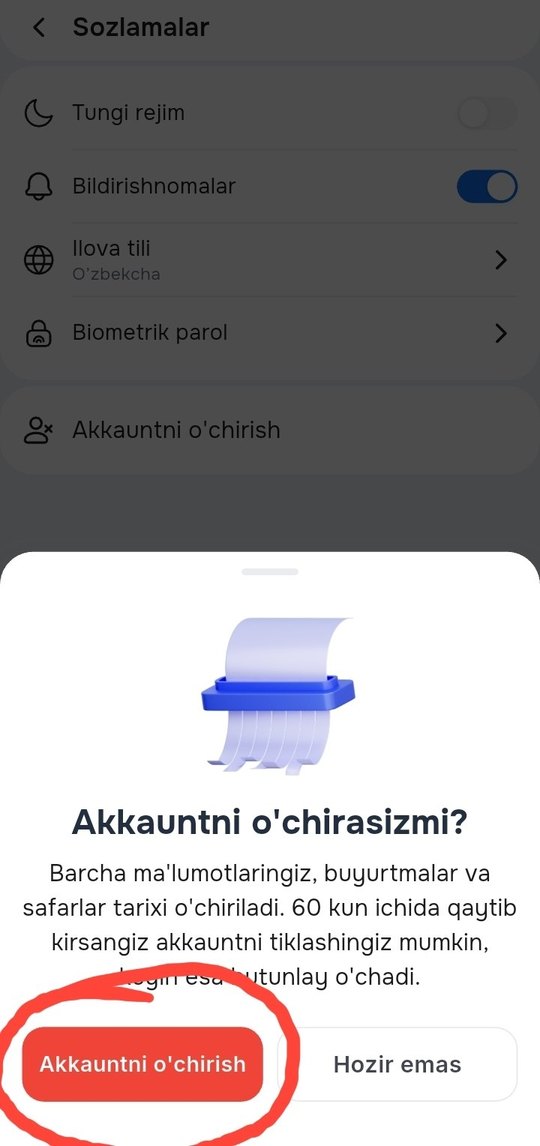Tasdiqlash oynasi, «Akkauntni o'chirish» tugmasi belgilangan